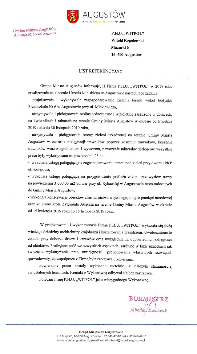 List referencyjny dla Witpol od Urzędu Miasta